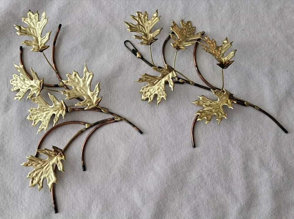 Home Interiors Oak Leaf Branches Metal Wall Hangings HOMCO Set Of 2 Vintage MCM